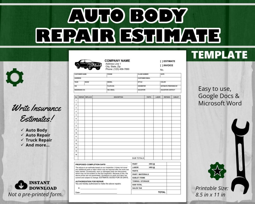 Auto Body Repair Estimate, Collision Repair Estimate Template