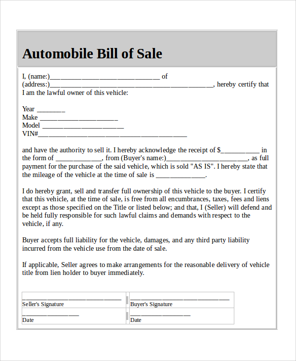Automobile Bill of Sale Example - Car Dealer Bill of Sale Template