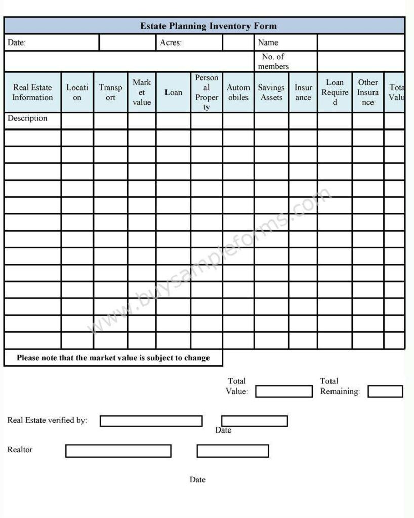Estate Planning Inventory Form, Estate Planning Worksheet