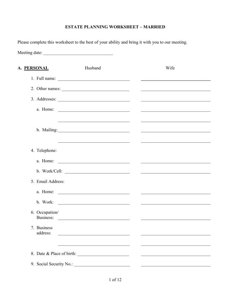 Estate Planning Questionnaire and Worksheets, Estate Planning Worksheet Married