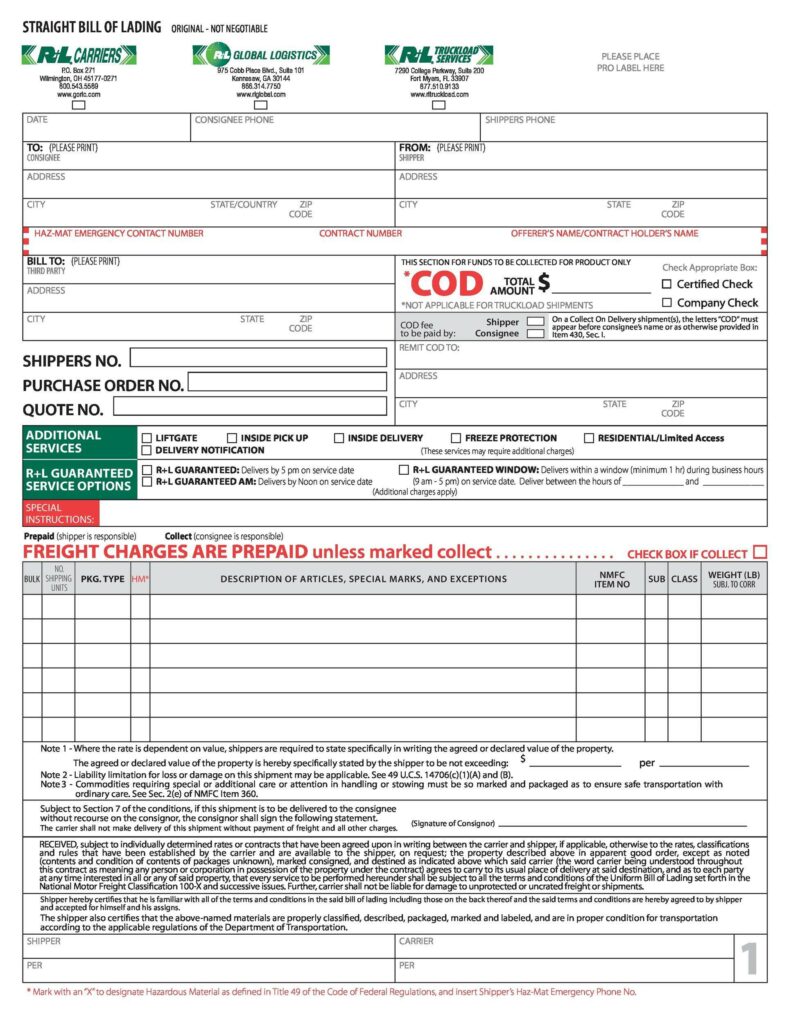 Free Printable Straight Bill of Lading, Bill Of Lading Sample Form