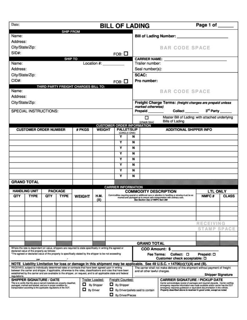 Free Straight Bill of Lading Template, Bill Of Lading Sample Form